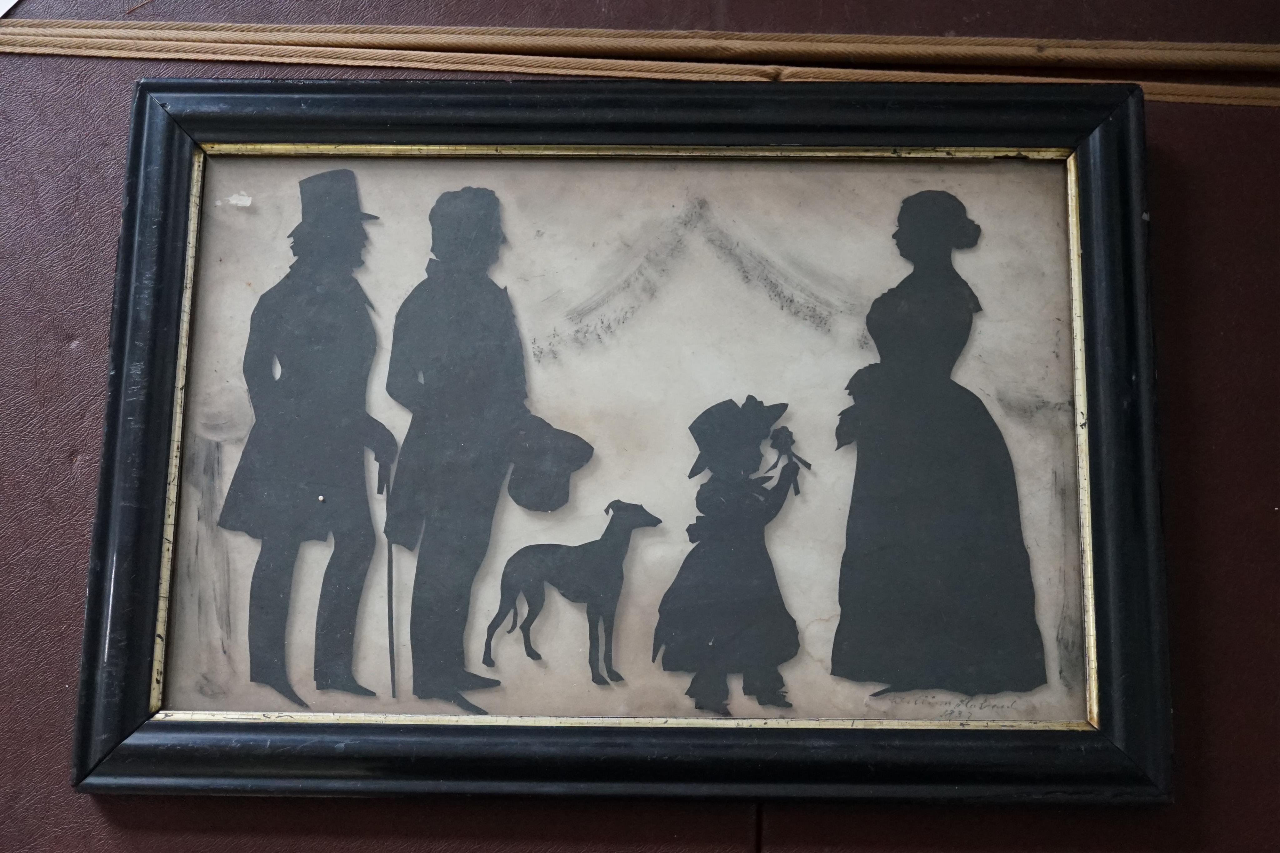 Hubbard Gallery, Family group of two gentleman, a dog, a child and a lady, cut paper silhouette on glass, 23 x 36cm